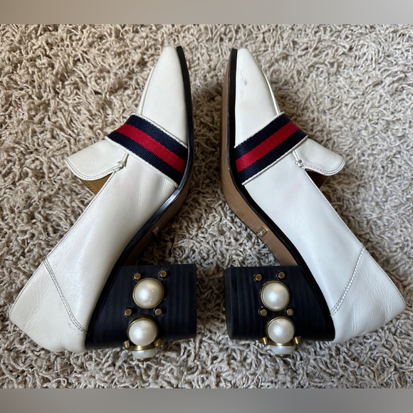 GUCCI Beige Leather Peyton GG Marmont Web Crystal Embellished Block Heel… - Picture 5 of 12